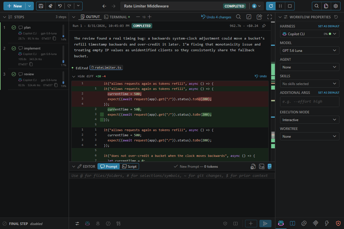 ctrlyoke running the same workflow with Copilot CLI
