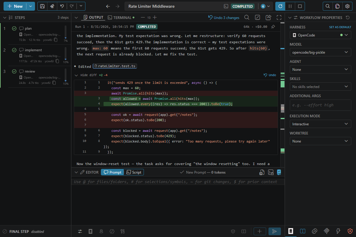 ctrlyoke running the same workflow with opencode